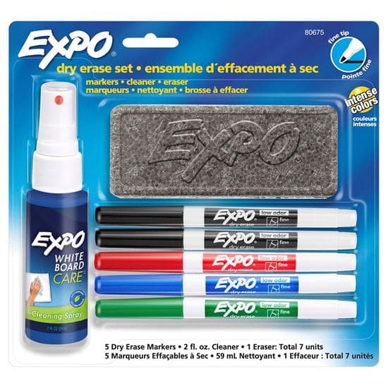 Expo EXPO Dry Erase Markers with Fine Point Tips, Cleaning Spray & Eraser 80675