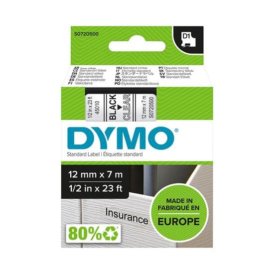 Dymo DYMO Genuine D1 Label Cassette Tape 12mm x 7M,  Black on Clear. S0720500