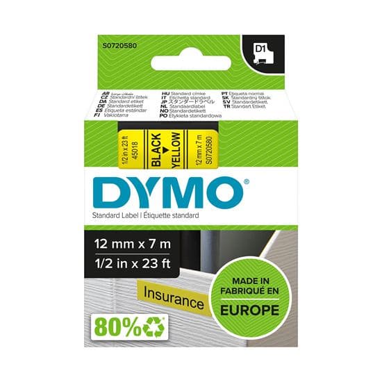 Dymo DYMO Genuine D1 Label Cassette Tape 12mm x 7M, Black on Yellow S0720580