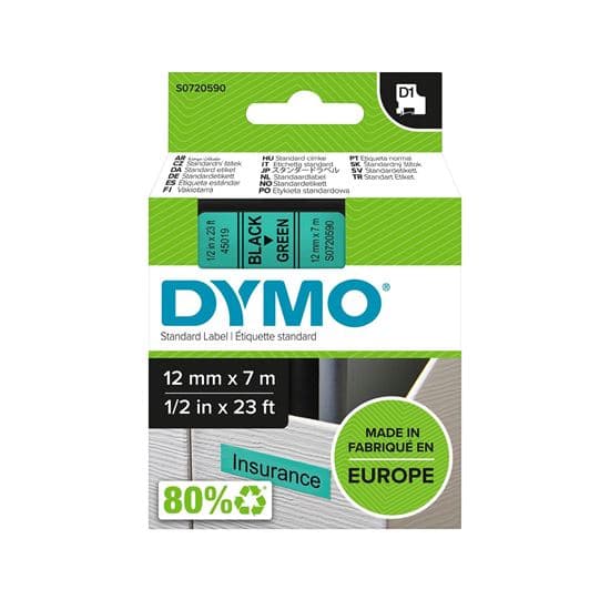 Dymo DYMO Genuine D1 Label Cassette Tape 12mm x 7M, Black on Green S0720590