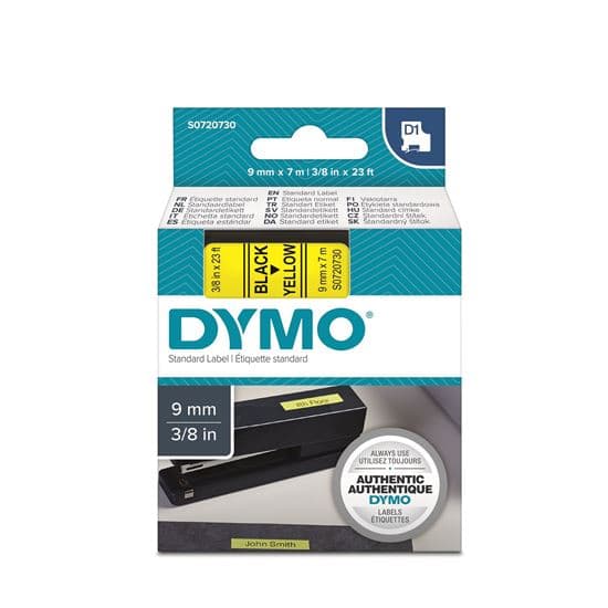Dymo DYMO Genuine D1 Label Cassette Tape 9mm x 7M,  Black on Yellow S0720730