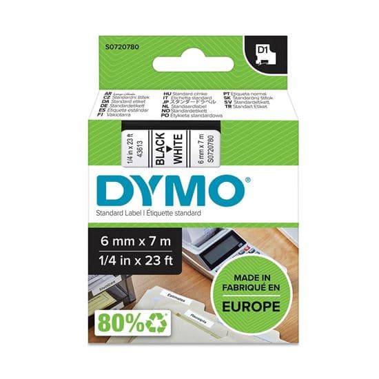 Dymo DYMO Genuine D1 Label Cassette Tape 6mm x 7M, Black on White S0720780