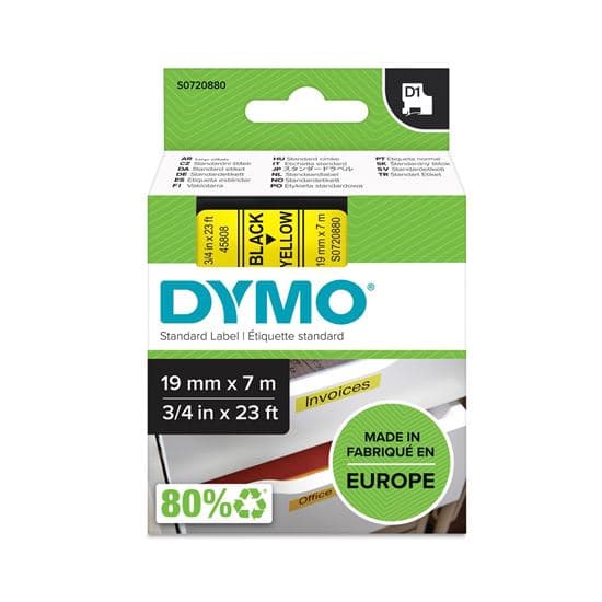 Dymo DYMO Genuine D1 Label Cassette Tape 19mm x 7M,  Black on Yellow S0720880