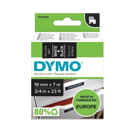 Dymo DYMO Genuine D1 Label Cassette Tape 19mm x 7M,  White on Black S0720910