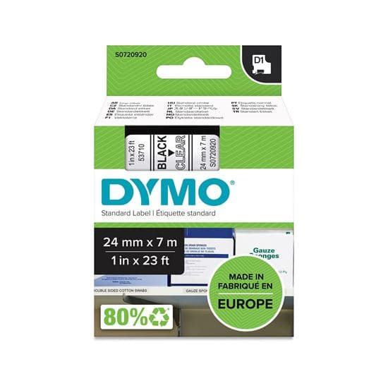 Dymo DYMO Genuine D1 Label Cassette Tape 24mm x 7M,  Black on Clear S0720920